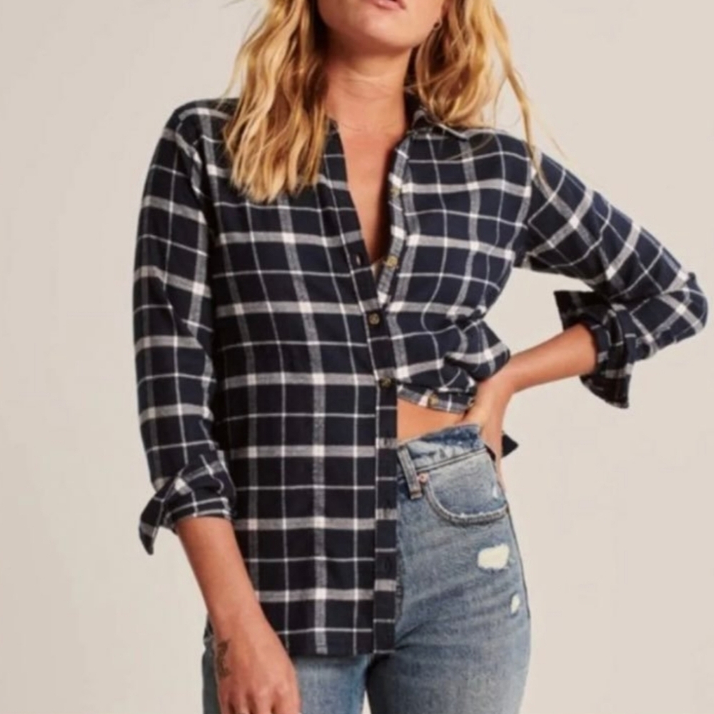 Abercrombie & Fitch Navy and White Plaid Flannel Shirt Soft Collection Size XS